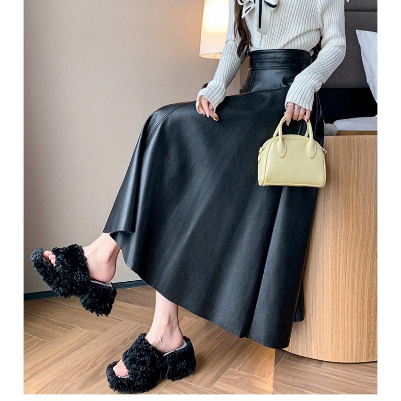 Fashionable A-line Skirt for Women Leather Skirts High Waist Knee-length Skirt