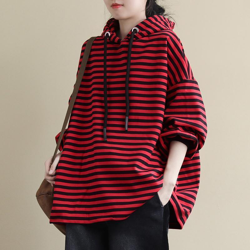 Plus Size Women Long Sleeve Hooded Sweatshirts Autumn Winter Warm Loose Casual Plush Thickened Hoodie Oversized Stripe Tops