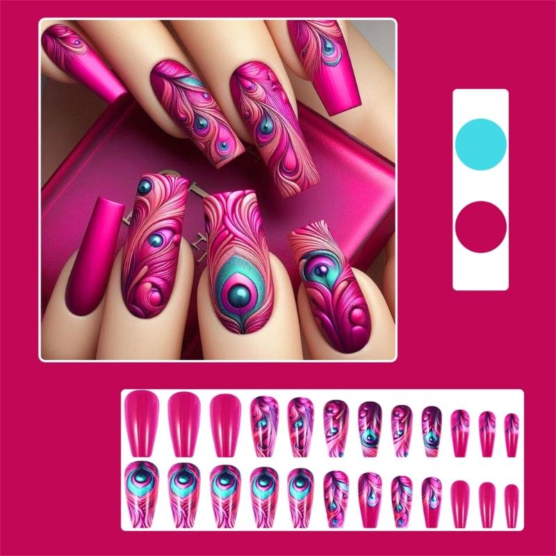 Womens Square Full Cover Medium Length Artificial Nail with Hot Pink Feathered Design 24 Pieces Set Coffun Press On Nail