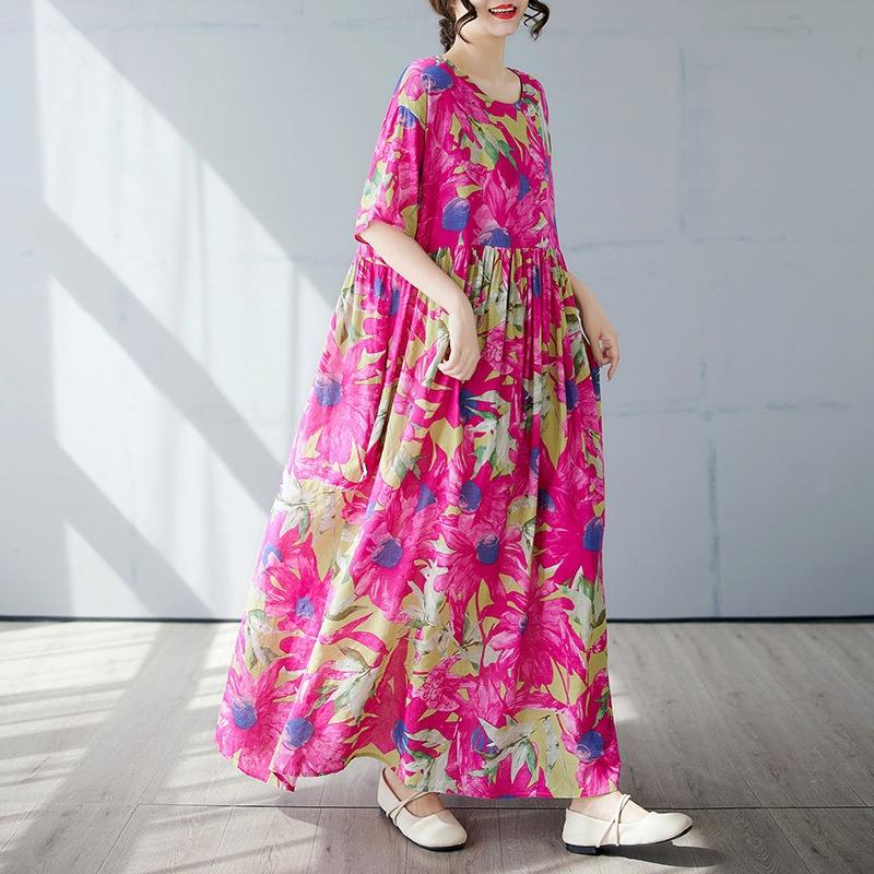 Simple Bohemian Long Dress Summer New Fat Plus Short Sleeve Crew Neck Printing with Women's Clothing