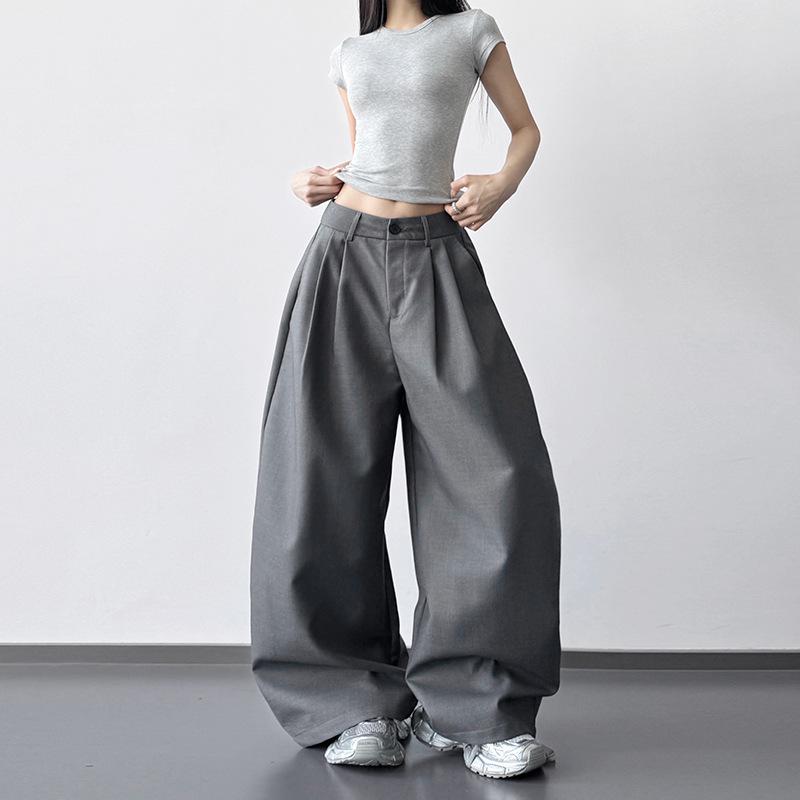 2026 Women s Spring High-Waisted Grey Wide-Leg Suit Pants - Loose, Slimming, Long, Drapey Casual Fit Grey