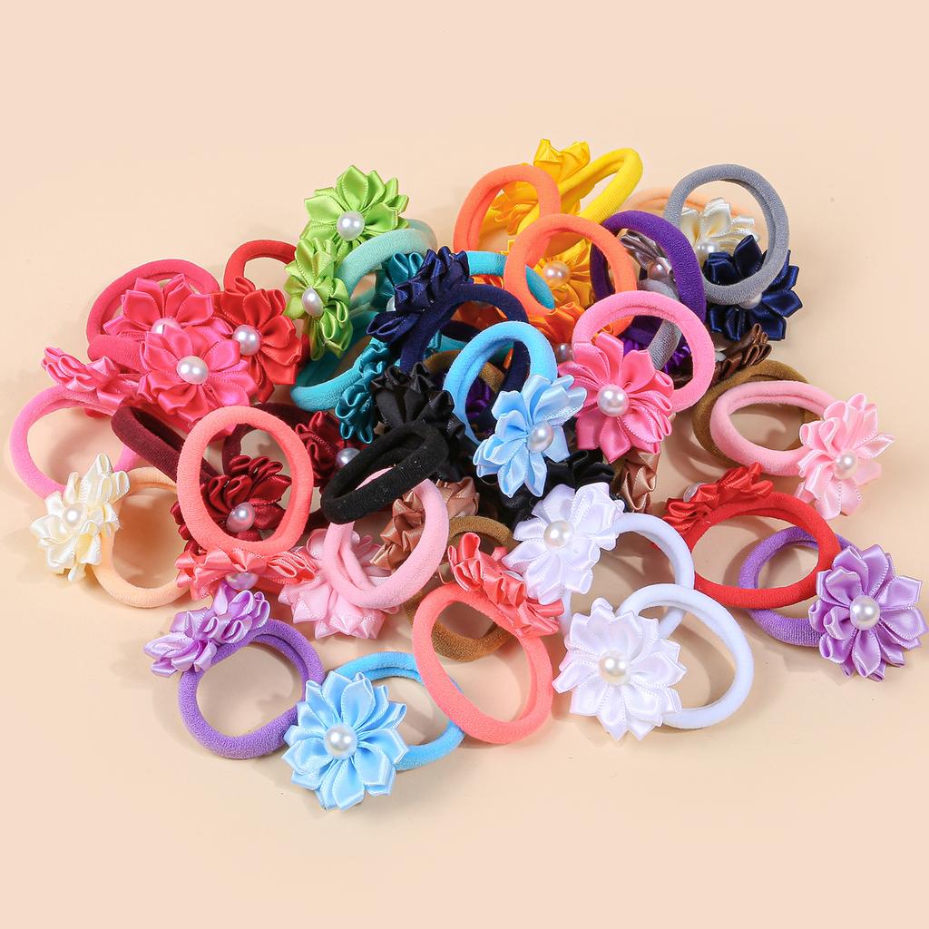10pcs Flower Hair Ties Kids Girls Hair Bands Elastic Nylon Headband Pearl Floarl Ponytail Holder Hair Accessory for Girls