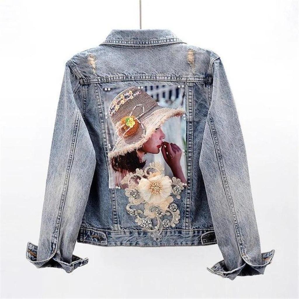 Spring Autumn Women’s Denim Jacket Long Sleeve Overcoat Loose Three-dimensional Button Pearls Outwear Ripped Jeans Jackets
