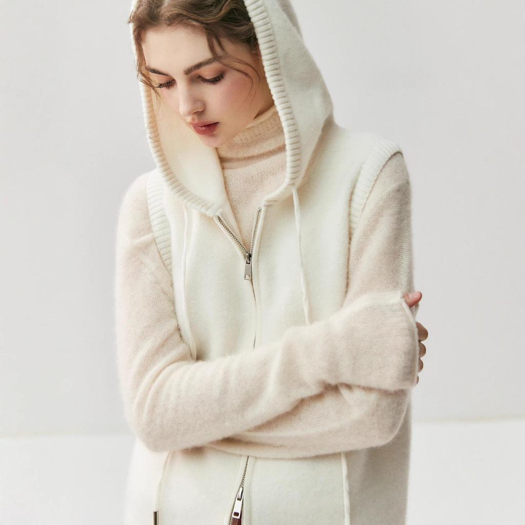 Women's Hooded Cashmere Knit Vest - Zippered, Sleeveless, Drawstring Cape for Autumn/Winter