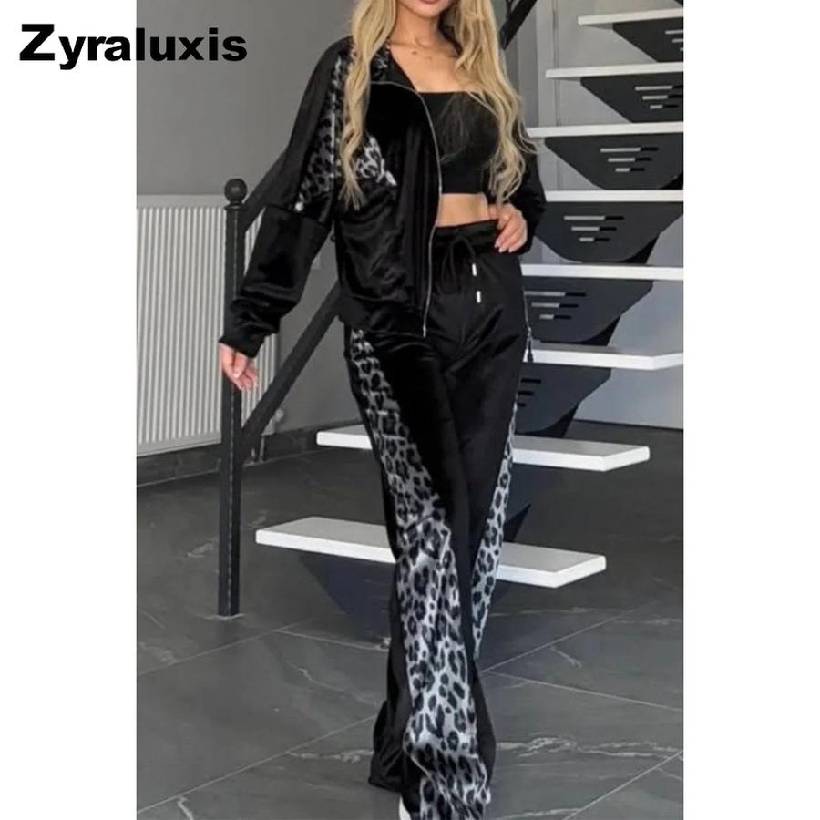 Autumn Winter Hot Selling Bestseller New Leopard Print Color Block Long Sleeve Home Clothes Sports Set S чёрный
