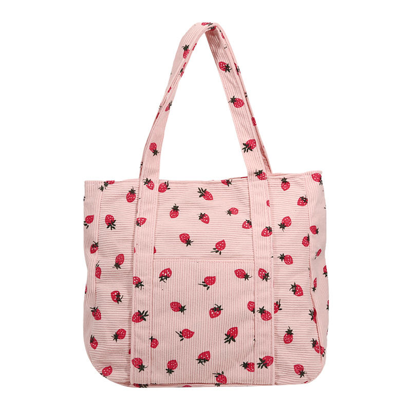 Fashion Strawberry Pattern Large Capacity Canvas Shoulder Bag Trendy Summer Fresh Style Handheld Tote Versatile Commuter Bag