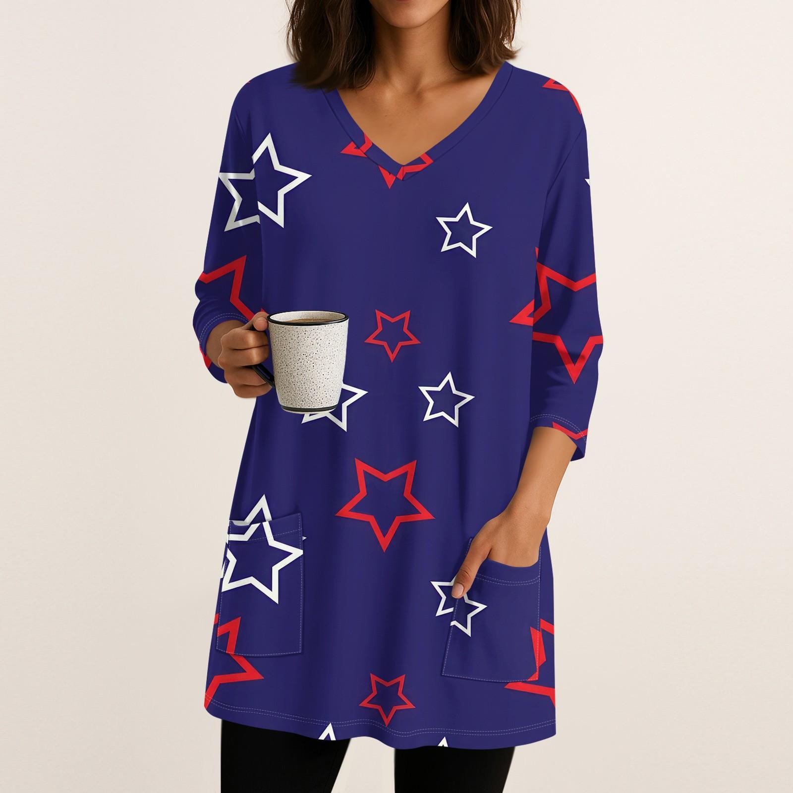 

Женские топы с V-образным вырезом и рукавом 3/4 Блузки Повседневные рубашки средней длины Модные принты Туники Топы с карманами S