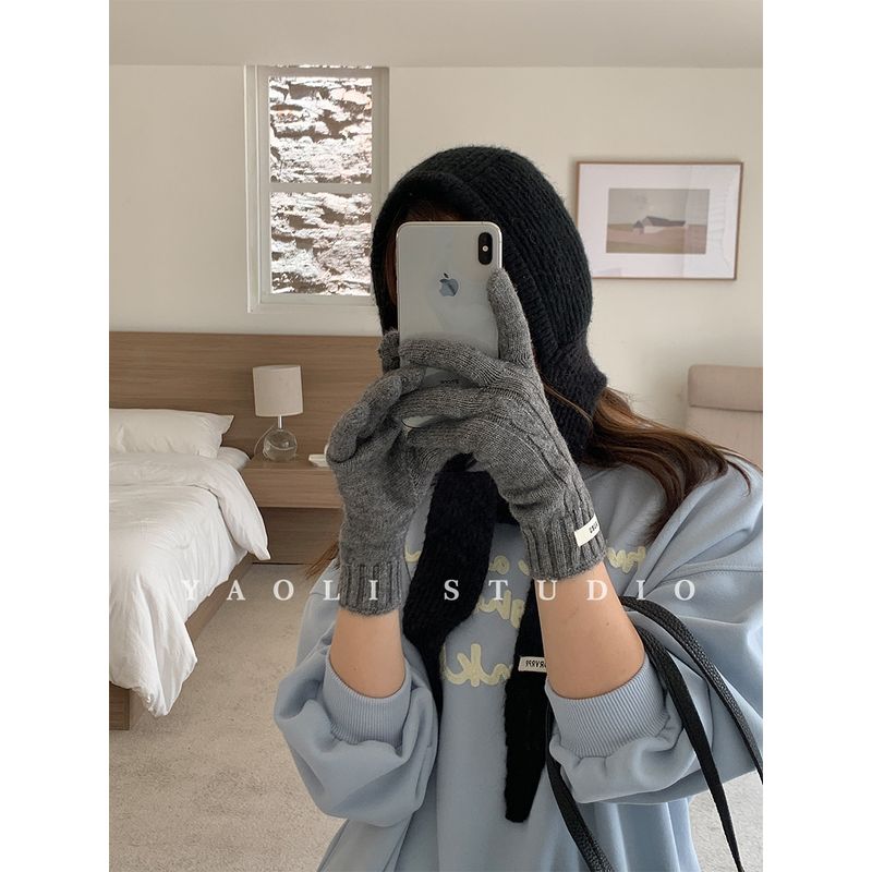 

Yaoli ~ Korean Ins Cable Stitch Knitting Knitting Wool Gloves Female Fall and Winter Heattech Open Finger Touch Screen Riding Cold-Proof Gray One size