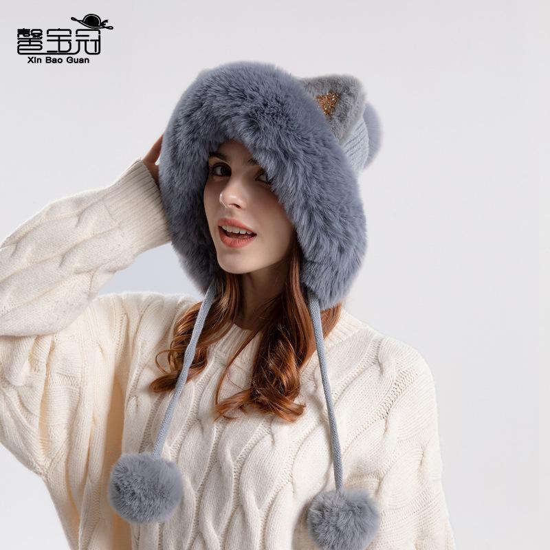 Damen Niedliche Winter Strickmütze mit Cartoon Katzenohren und Bommeln Verdicken Warmes Fleecegefüttertes Ohrschützendes Hut für Frauen