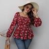 Women's Long Sleeve Square Neck Waist Printed Floral Shirt