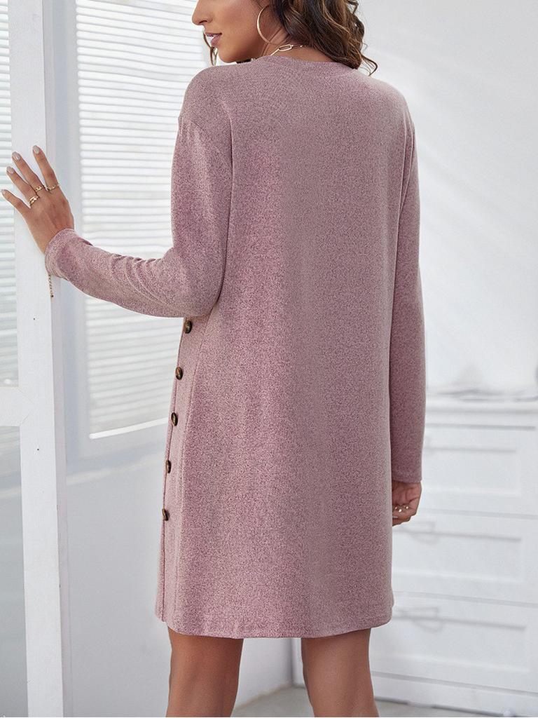 Autumn Trendy Loose Casual Crew Neck Solid Color Design Long Sleeve Short Dress
