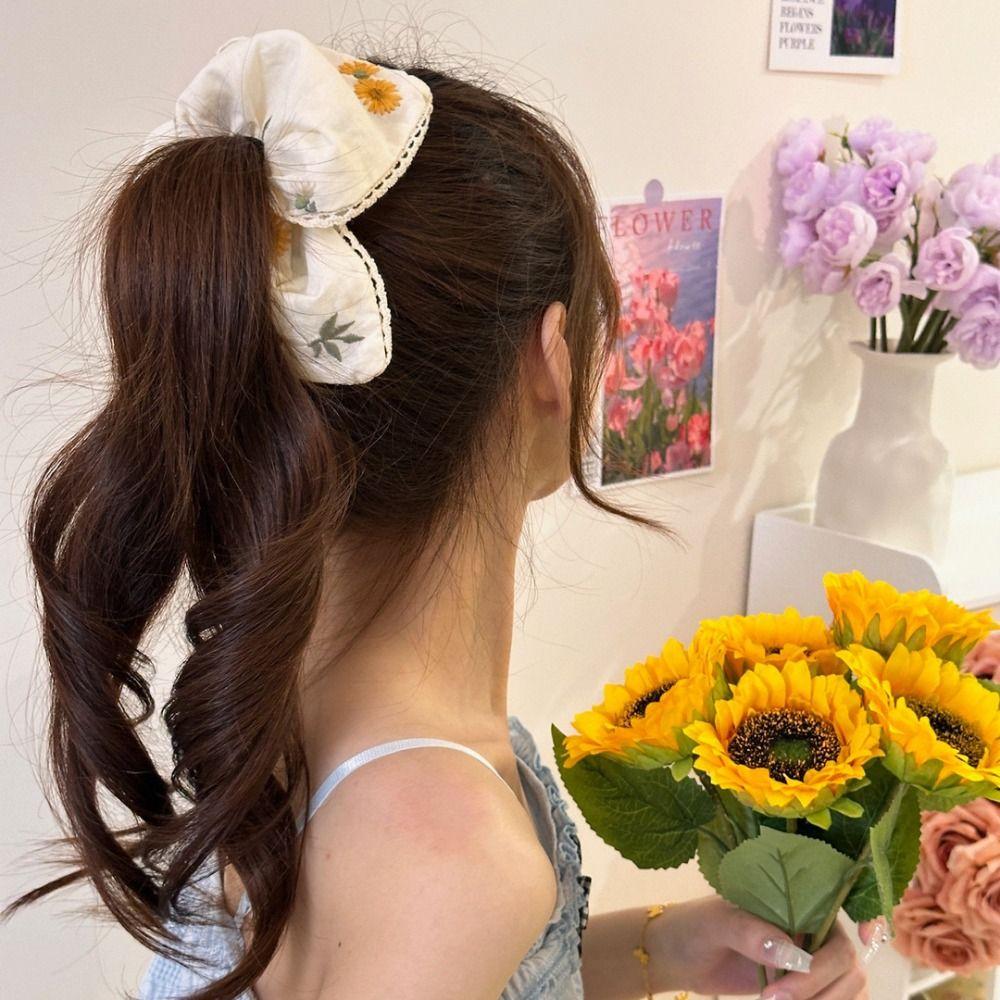 Turban Embroidered Hair Scrunchie Countryside Style Triangle Scarf Flower Triangle Bandana Ladies