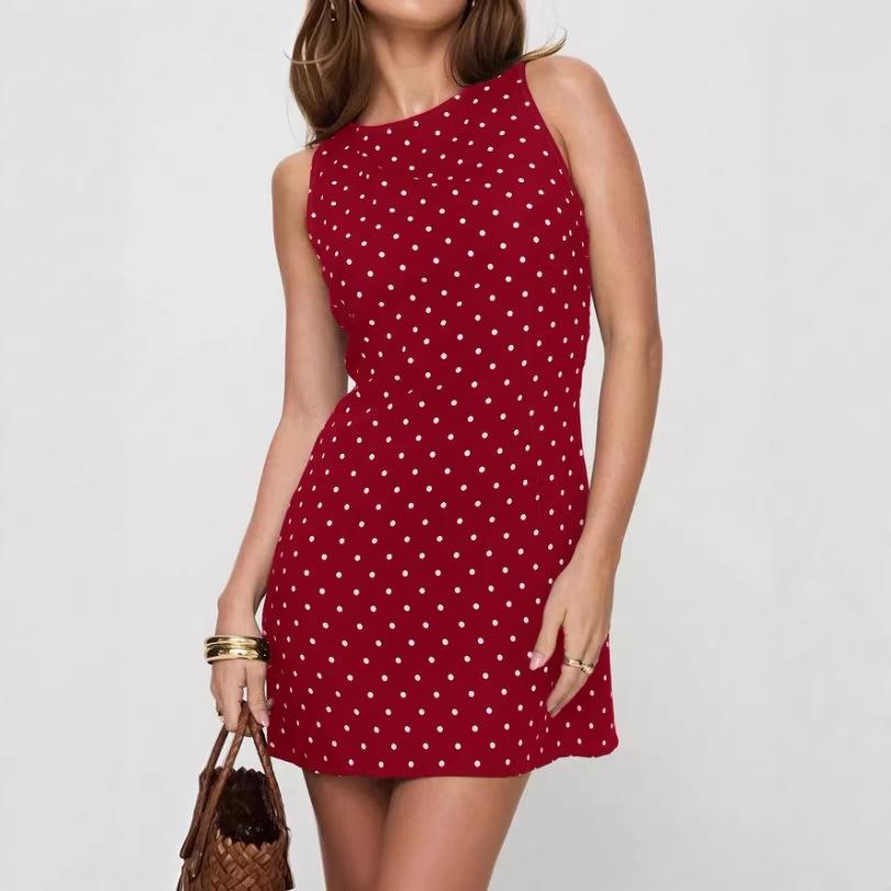 

Мини-платье в горошек без рукавов с завязками на шее для женщин Medium вино красного