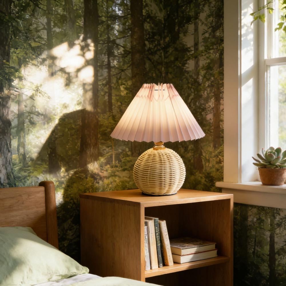 Soft Light Pleated Table Lamp Rattan Base Nightstand Lamp Modern Desk Accent Lamp Nightstand Decor
