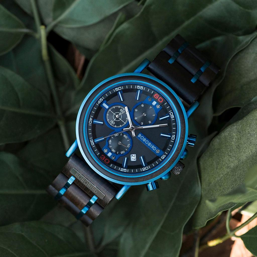 BOBO BIRD S18-6 Men's Wooden Watch, Japanese Quartz Chronograph, Luminous, Wooden Gift Box, Blue