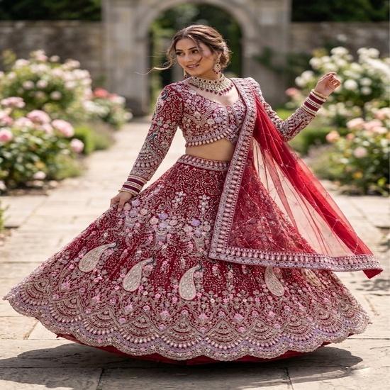 Crimson Heritage Embroidered Bridal Lehenga FREE SIZE
