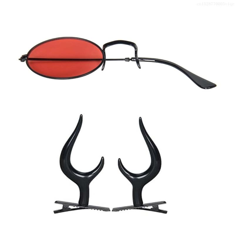 Monocular Glasses with Chain Devil Horns Hair Clips Monocle Sunglasses Alastor Costume Accessories for Halloween Cosplay F0S4