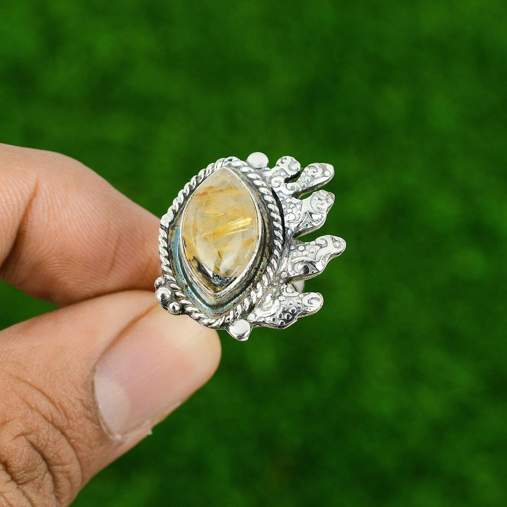 Gift For Her 925 Silver Natural Golden Rutile Multi Stone Adjustable Ring