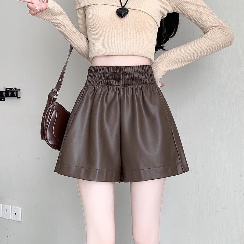 Women's PU Leather High-Waist A-Line Shorts - Slimming, Versatile, Wide-Leg, Korean Style for 2024 Autumn/Winter.