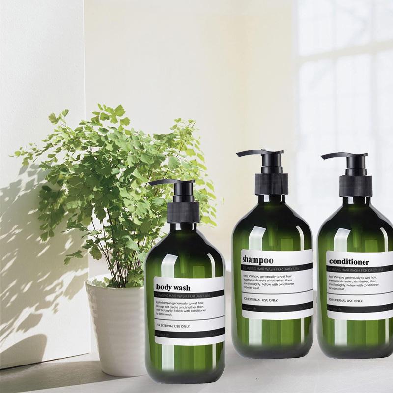 3er-Pack, 500 ml, nachfüllbarer Badezimmer-Flüssigseifenspender mit Pumpe, brauner/grüner Shampoo- und Conditioner-Spender mit 8 Etiketten