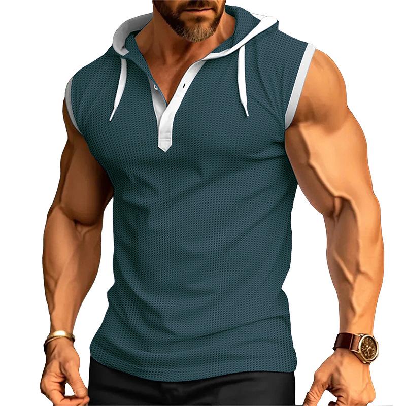 Henley Canotte da Uomo Tinta Unita Senza Maniche da Allenamento con Cappuccio Camicia Estiva con Scollo a V Abbottonata T-shirt da Ginnastica con Cappuccio Attive per Uomo T-shirt Senza Maniche in Maglia Waffle