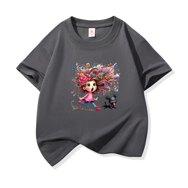 Kids Cotton T Shirt Colorful Hair Girl Running With Black Puppy Print Crew Neck Short Sleeve Tee Casual Boys Girls Summer Tops