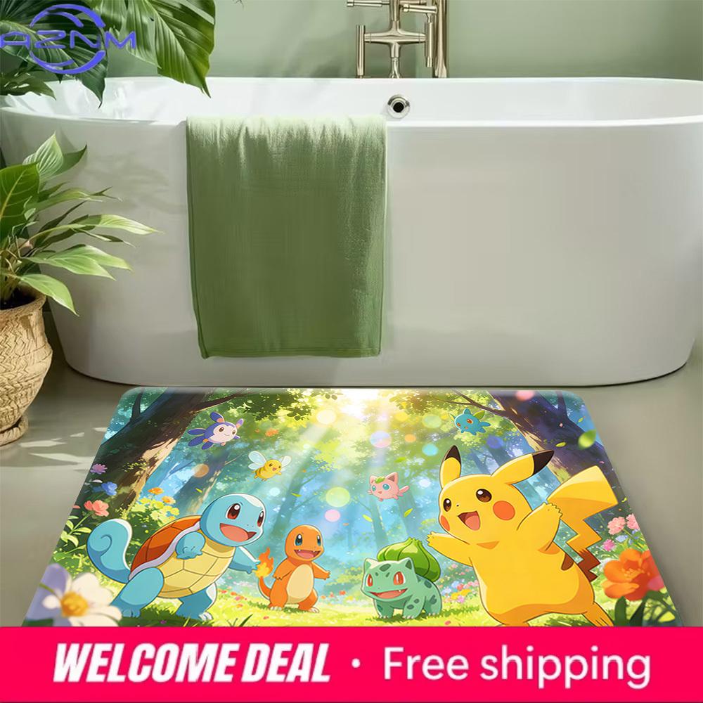 Cute Pokemon Pikachu and Starters Forest Print Non-slip Doormat, Soft Absorbent Floor Rug for Home Decor