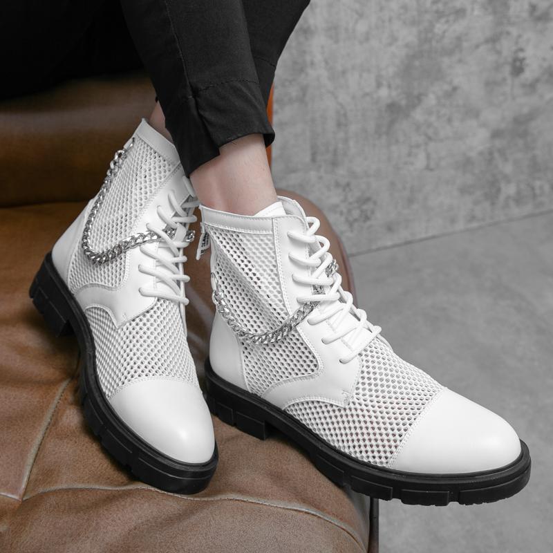 Fashion Men's High Top Sandals Mesh Lace-Up Ventilate Roman Sandals Fashion Boots Platform Shoes Man Summer White Short Boots Boots Male
