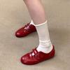 Cowhide version~ Red leather shallow mouth Mary Jane shoes women's 2025 new versatile round head casual sports shoes single shoes