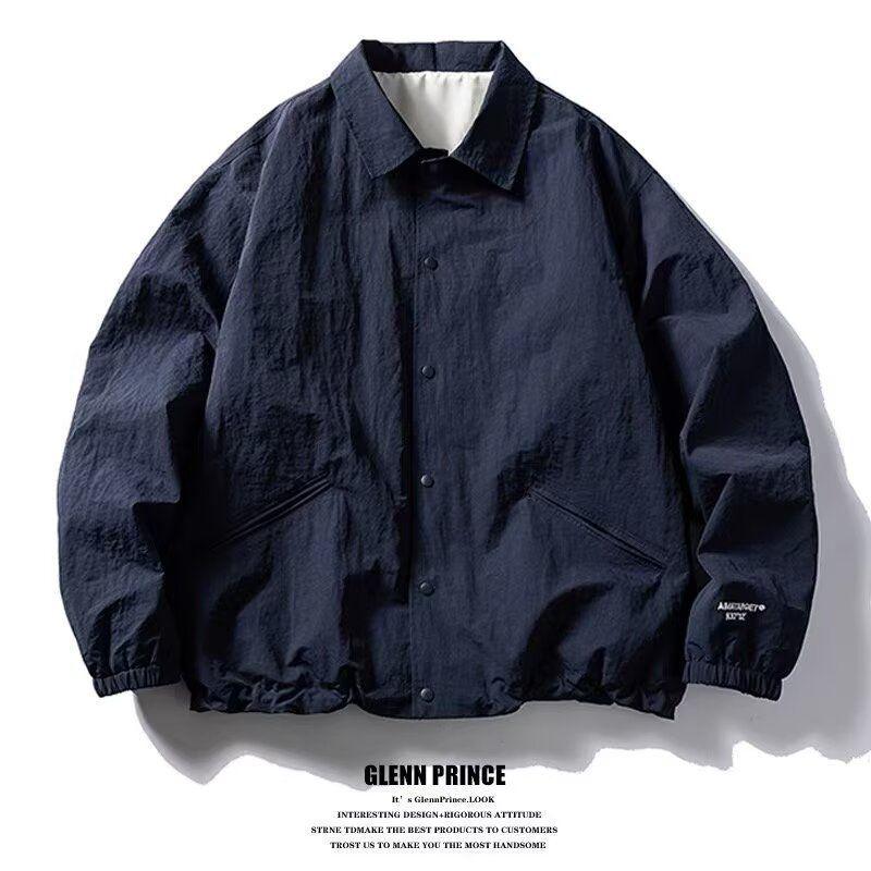 

Мужская японская ретро куртка-коуч свободного кроя - отложной воротник, универсальный однотонный цвет, простая рабочая одежда для весны/осени, модный стиль униформы. 3XL