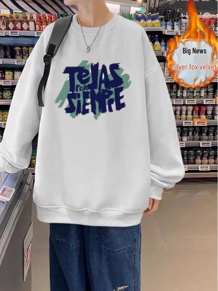 Men's Retro Silver Fox Fleece Sweatshirt - Warm, Loose, Crew Neck, Long-Sleeved, Autumn/Winter Fashion.