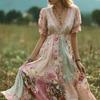 Women's Boho V-Neck Maxi Dress, Floral Print Short Sleeve Casual A-line Dress, Vintage Western Travel Vacation Outfits