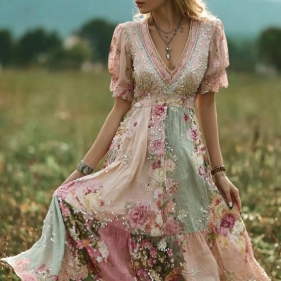 Women's Boho V-Neck Maxi Dress, Floral Print Short Sleeve Casual A-line Dress, Vintage Western Travel Vacation Outfits
