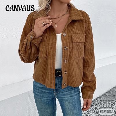 Autumn and Winter Women's Coat Corduroy Lapel Jacket Vintage Brown Cardigan Pocket Jacket
