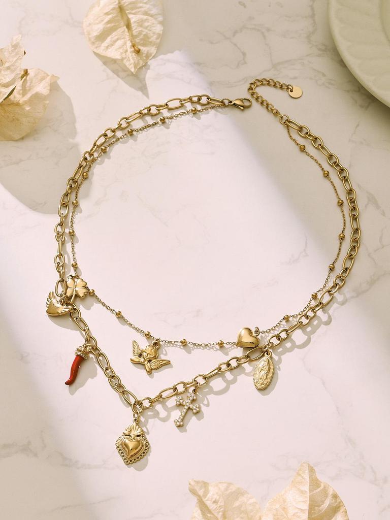 European Luxury Heart Multi-Pendant Double Layer 18K Gold-Plated Stainless Steel Necklace