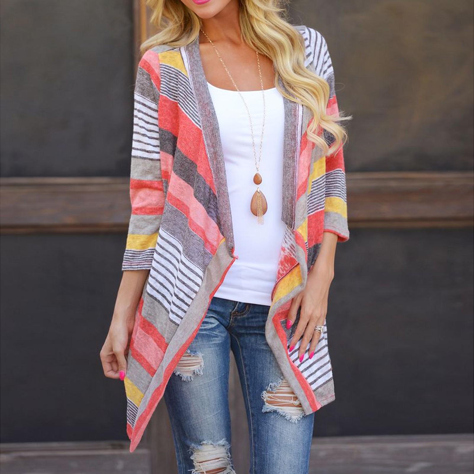 

Women s Casual Striped Stitching Seven-Part Sleeve Cardigan Jacket Top XL червоний