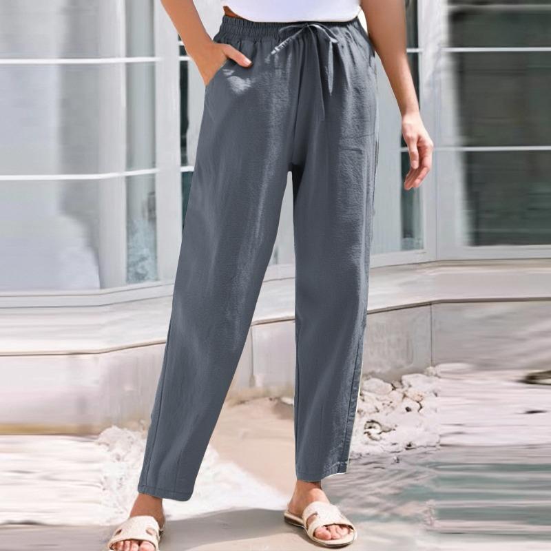 Foreign trade new women's clothing summer pants casual loose drawstring solid color elastic waist cotton and linen women's nine-point pants