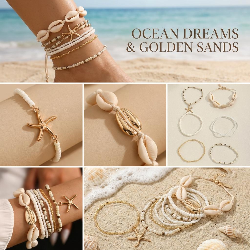 5Pcs/Set Bohemian White Shell Beaded Bracelets for Women Gold Color Starfish Charm Multilayer Elastic Hand Chain Beach Jewelry