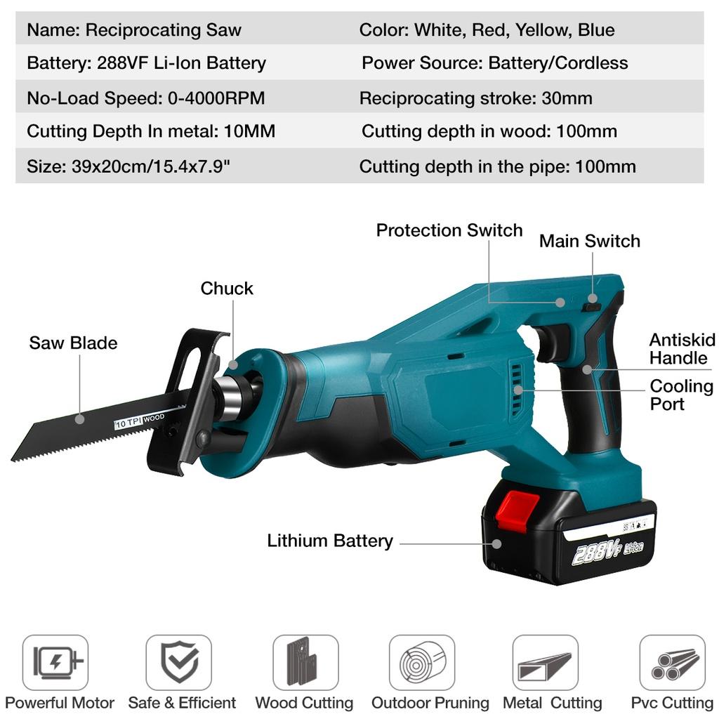 Fierăstrău Reciproc Fără Fir 3000W 288VF Viteză Variabilă Unealtă Electrică de Tăiat Metal Lemn cu Baterie