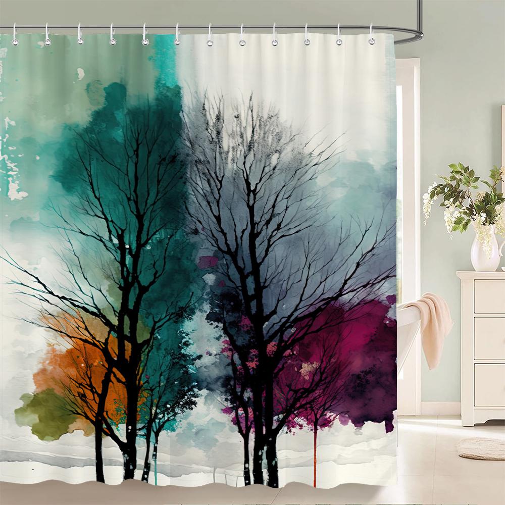 3d Watercolor Tree Shower Curtain Plant Floral Pattern Printed Fabric Waterproof Polyester Bathroom Curtain Decor With Hooks