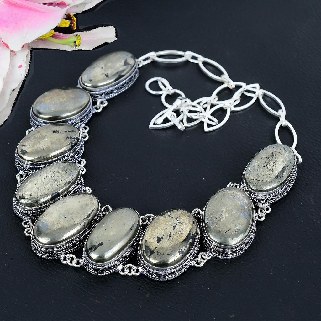 Pyrite Agate Gemstone Handmade 925 Sterling Silver Jewelry Necklace 18" KG-1650