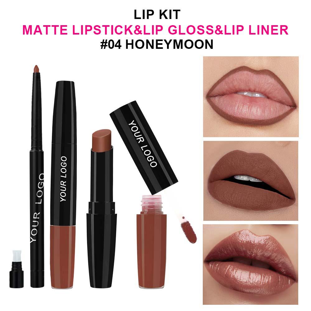 Three-in-One Matte Lipstick Set: Lipstick, Lip Liner, and Moisturizing Lip Gloss