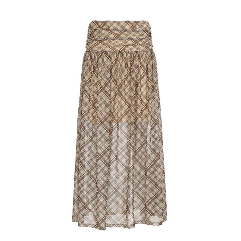 

H Home European and American Women s Clothing American Retro Brown Plaid Mesh Skirt Elegant Light and Thin Drape A- line Dress Brown S