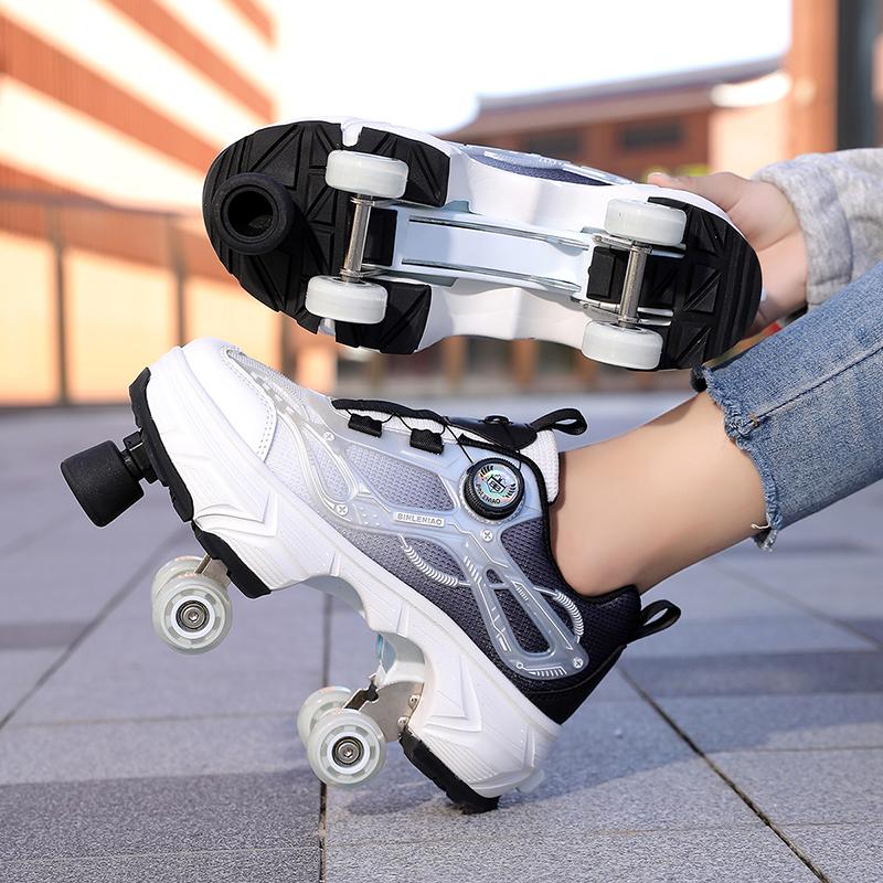 35-44 Boys/ Mens Skate Shoes Walking Shoes  Four-wheeled Roller Skates for Women One-button Retractable Adult Double-row Deformation Shoes
