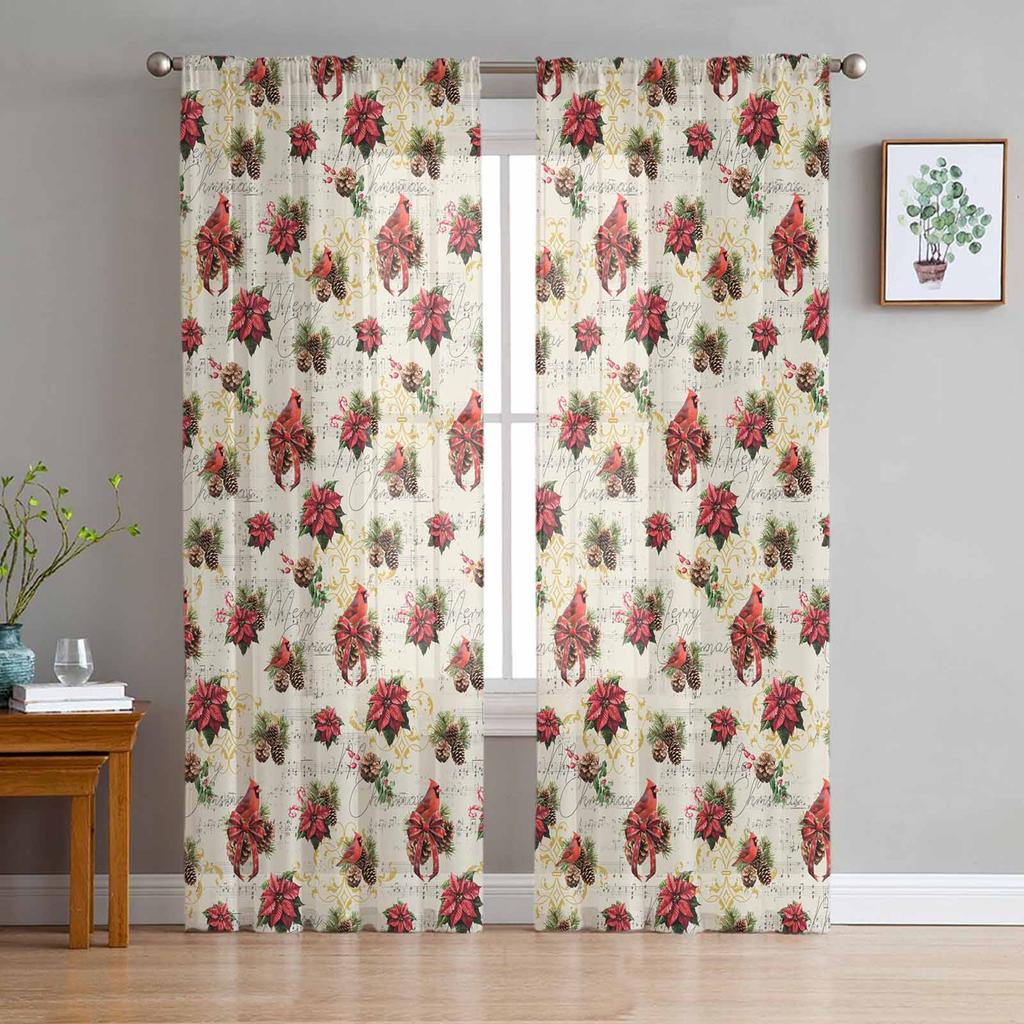 Christmas And Winter Poinsettia Curtains For Living Room Bedroom Home Decoration Window Voile Tulle Curtain Drapes