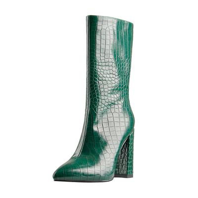 Schlangenmuster Winterstiefel für Damen Marke Western Mid-Calf Stiefel Elegant Reißverschluss Schwarz Grün Absatz Partyschuhe Damen Übergröße 45