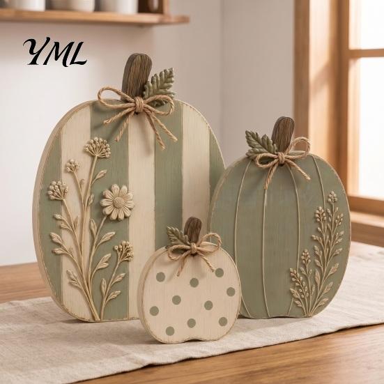 Handcrafted Seasonal Home Decor 3Pcs Wildflower Pumpkin Figurines, Farmhouse Fall Tabletop Decor, Rustic Pumpkins with Indoor Thanksgiving Fireplace