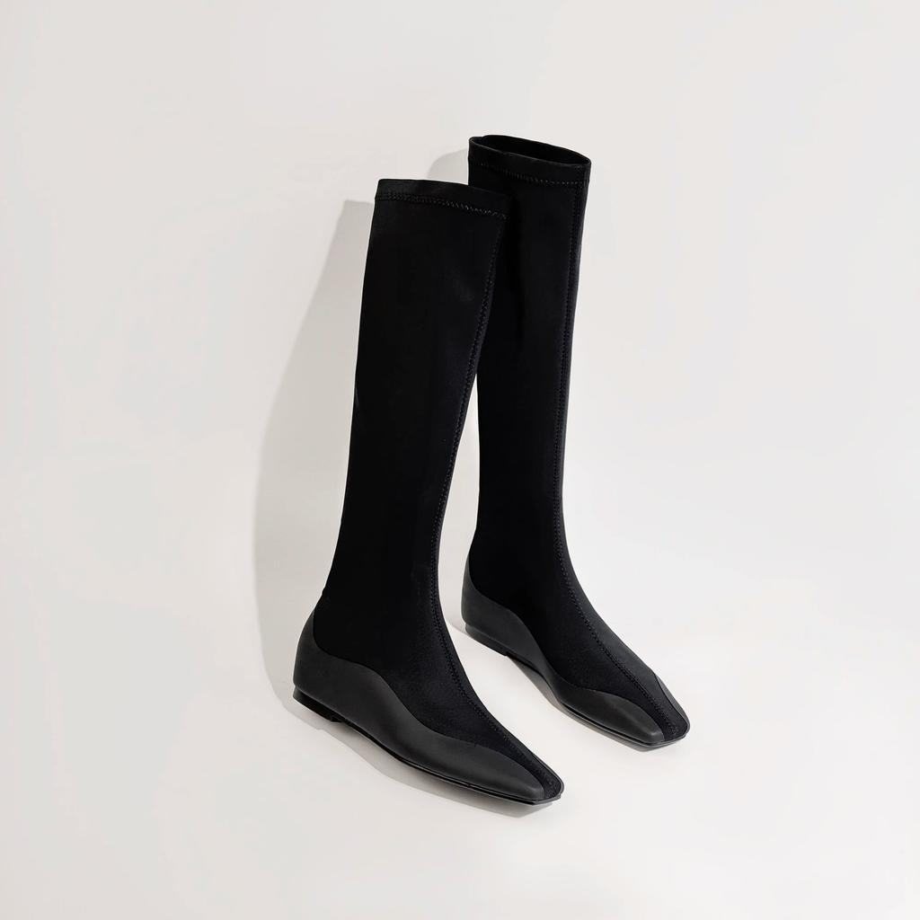 Inner Height Increase and Thin Elastic Boots European and American Small Square Head Knitted Thin Boots Women's Flat Casual Versatile Black Socks Boot