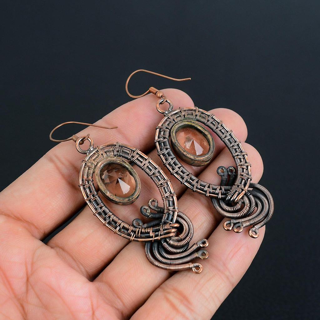 Morganite Earrings, Handmade Gemstone 999 Copper Wire Wrapped Earrings Antique Jewelry, For Engagement Gift