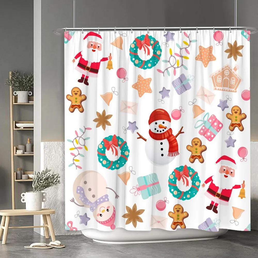 Christmas Shower Curtain Santa Claus Snowman Moose Cartoon Christmas Tree Winter Home Polyester Fabric Bathroom Decor Curtains